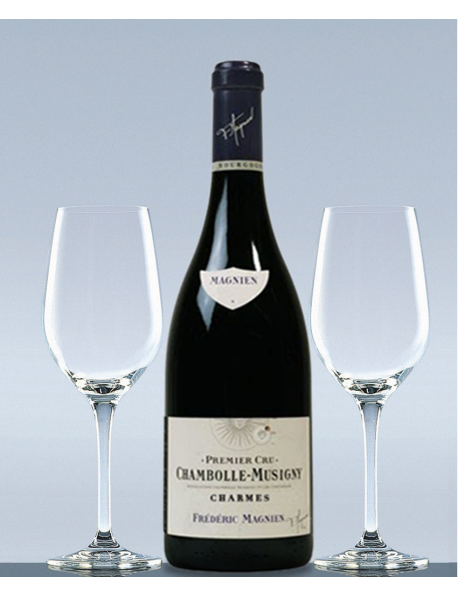 Coffret vin Bourgogne Chambolle-Musigny 1er Cru Les Charmes et 2 verres de dégustation