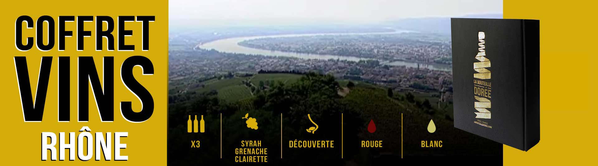 coffret vin Rhône 3 bouteilles cépages Viognier, Syrah et Grenache coffret vin Rhône 3 bouteilles cépages Syrah, Grenache et Clairette